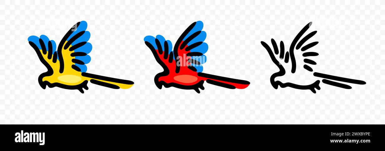 Pappagallo Ara, pappagallo di maca o pappagallo in volo, progettazione grafica. Uccello, animale, popinjay, pappagallo-polling o parakeet, disegno vettoriale ed illustrazione Illustrazione Vettoriale