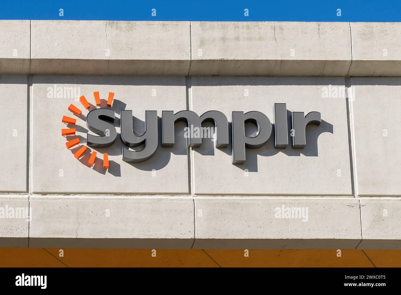 Symplr firma l'edificio presso la sua sede centrale a Houston, Texas, Stati Uniti. Foto Stock
