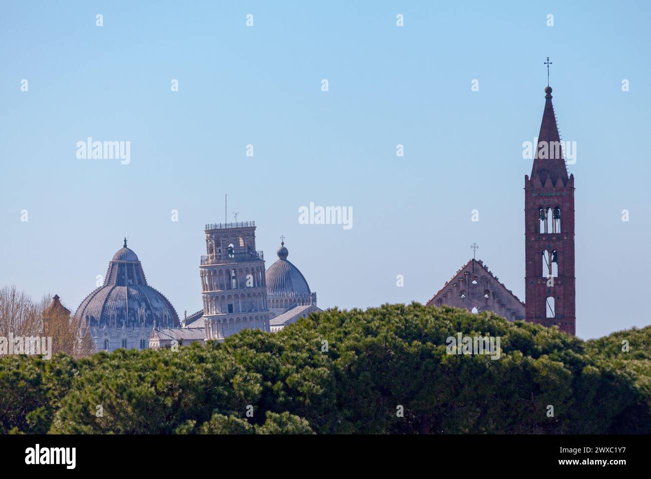 Guglia della Chiesa di S.. Caterina d'Alessandria (Chiesa di Santa Caterina d'Alessandria) con alle spalle la Torre Pendente di Pisa, il Cathe Foto Stock