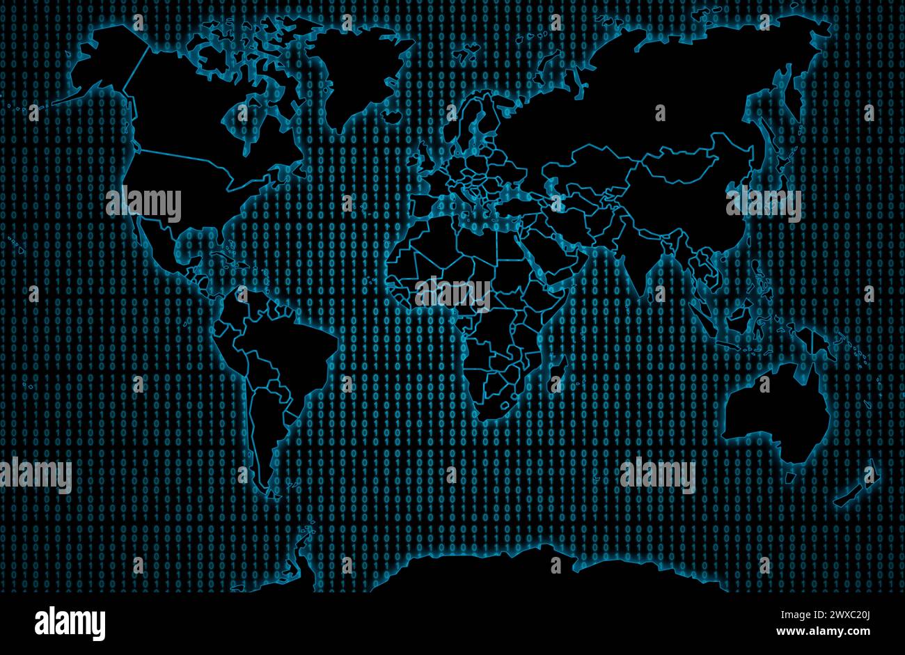 Mappa del mondo nero su sfondo blu con codice binario. Foto Stock
