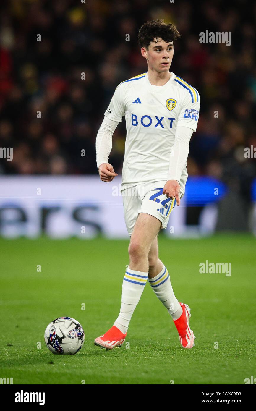 WATFORD, UK - 29 marzo 2024: Archie Gray del Leeds United in azione durante la partita del campionato EFL tra Watford FC e Leeds United a Vicarage Road (credito: Craig Mercer/ Alamy Live News) Foto Stock