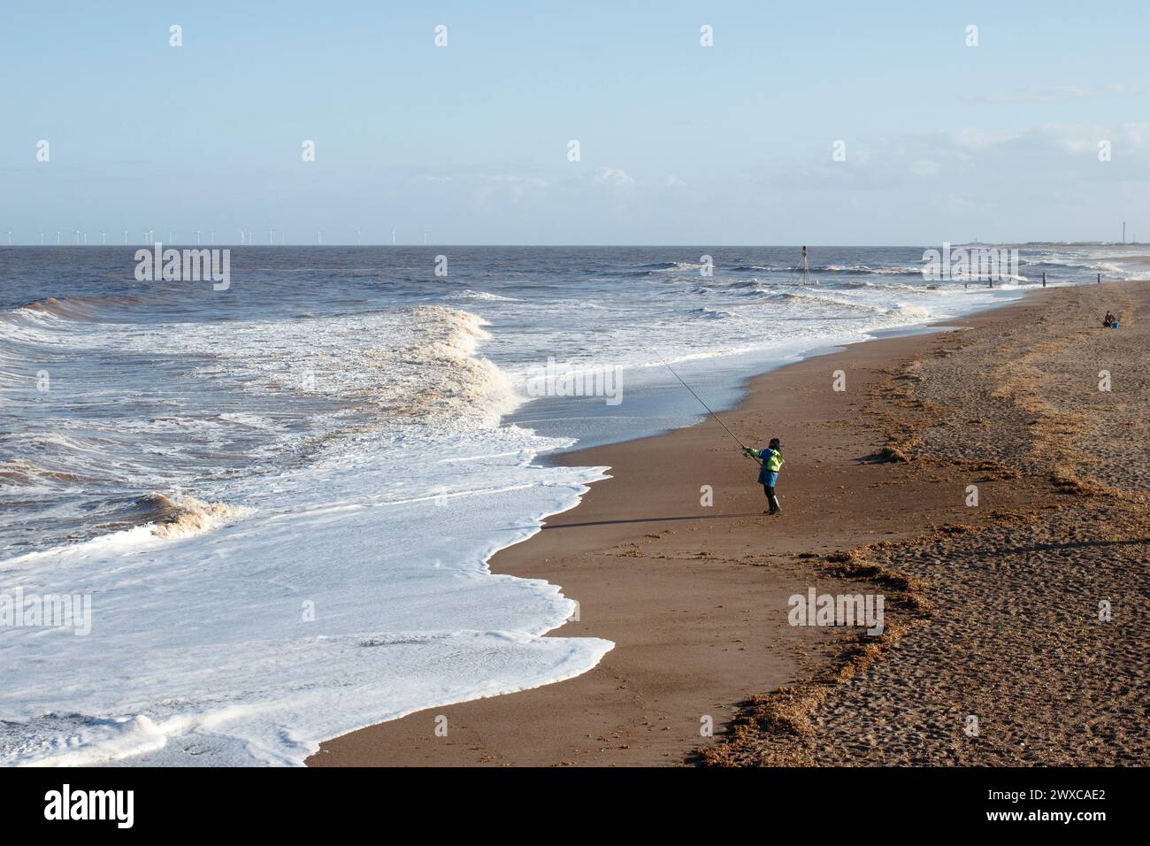 La vista lungo la costa del Lincolnshire dall'Osservatorio del Mare del Nord a Chapel Saint Leonards guardando verso Skegness. Foto Stock