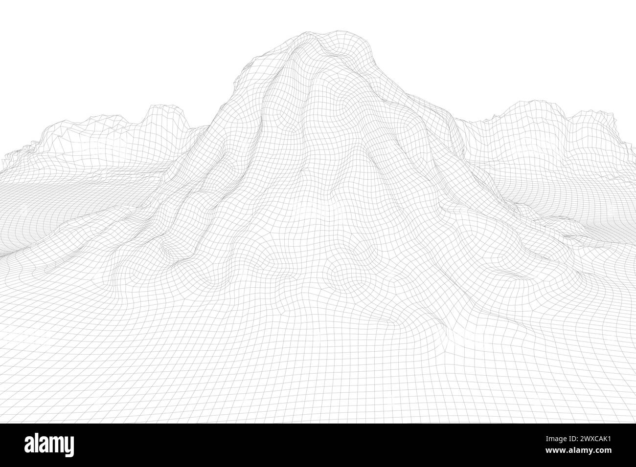 Sfondo orizzontale con struttura a reticolo vettoriale astratto. Montagne in mesh 3D futuristiche. Illustrazione retrospettiva degli anni '80. Valli della tecnologia ciberspaziale Illustrazione Vettoriale