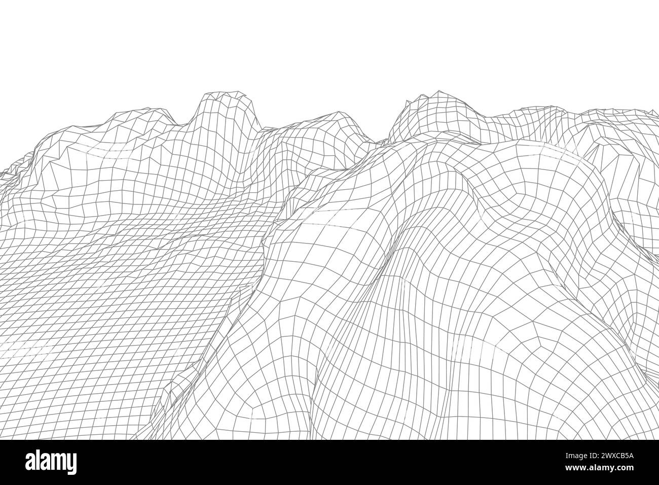 Sfondo orizzontale con struttura a reticolo vettoriale astratto. Montagne in mesh 3D futuristiche. Illustrazione retrospettiva degli anni '80. Valli della tecnologia ciberspaziale Illustrazione Vettoriale