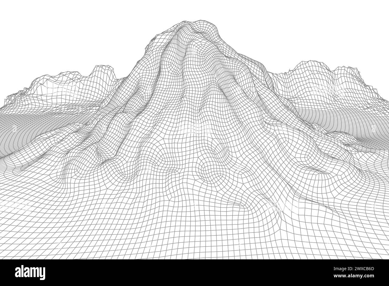 Sfondo orizzontale con struttura a reticolo vettoriale astratto. Montagne in mesh 3D futuristiche. Illustrazione retrospettiva degli anni '80. Valli della tecnologia ciberspaziale Illustrazione Vettoriale