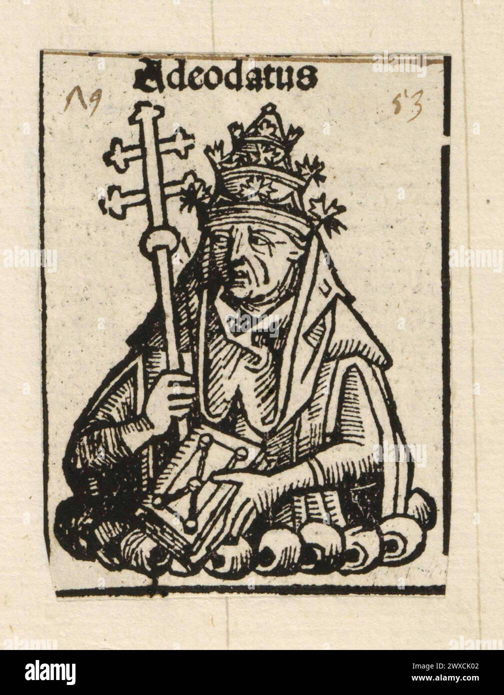 Un'incisione del XV secolo di Papa Adeodato i che fu pontefice dall'AD615 all'AD618. Fu il 68° papa e fu il primo ad usare sigilli di piombo sui documenti ufficiali. Questi sigilli erano noti come tori che hanno dato origine al termine bolla papale utilizzato per le comunicazioni papali ufficiali. Foto Stock