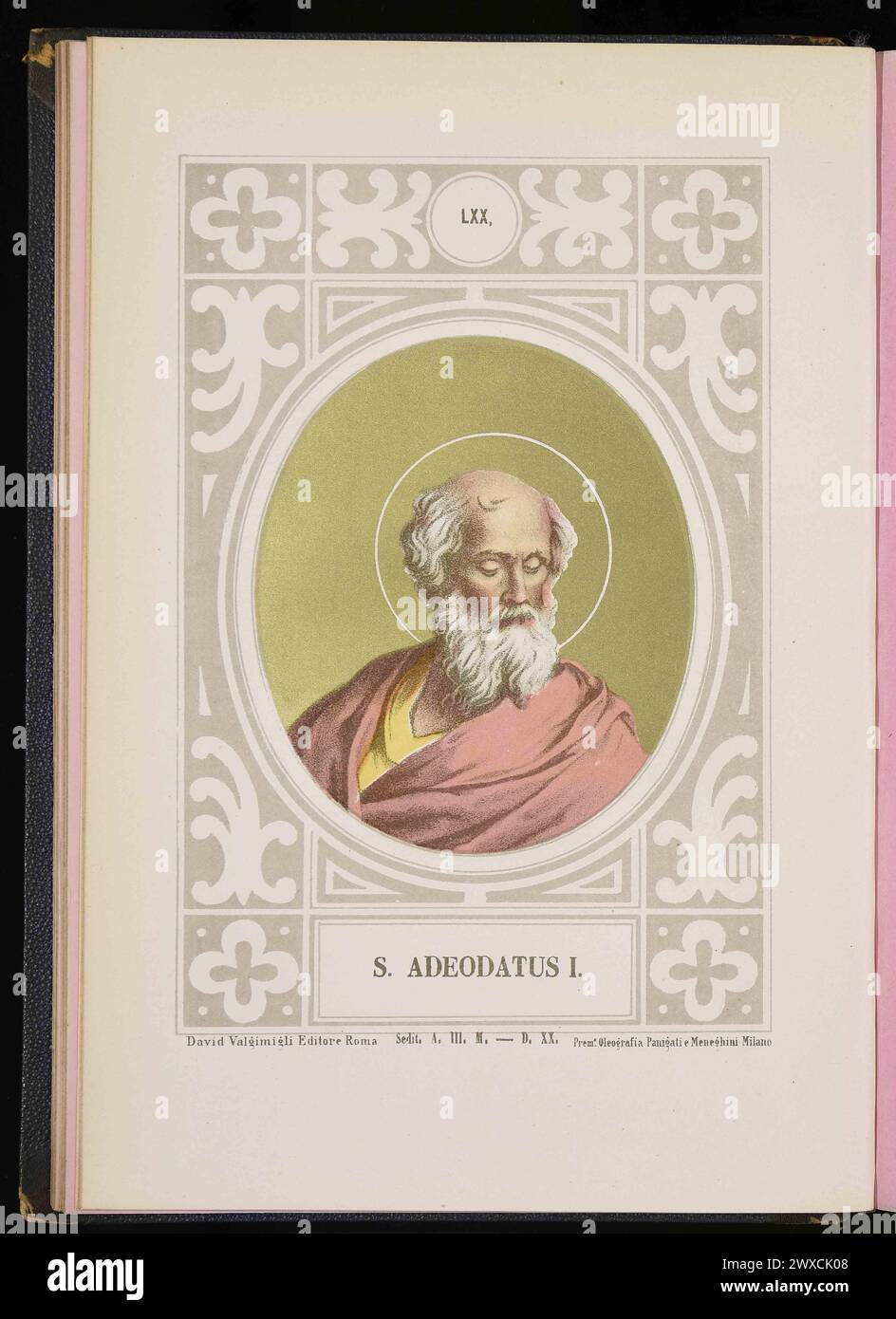 Un'incisione del 1879 di Papa Adeodato i, pontefice dall'AD615 all'AD618. Fu il 68° papa e fu il primo ad usare sigilli di piombo sui documenti ufficiali. Questi sigilli erano noti come tori che hanno dato origine al termine bolla papale utilizzato per le comunicazioni papali ufficiali. Foto Stock
