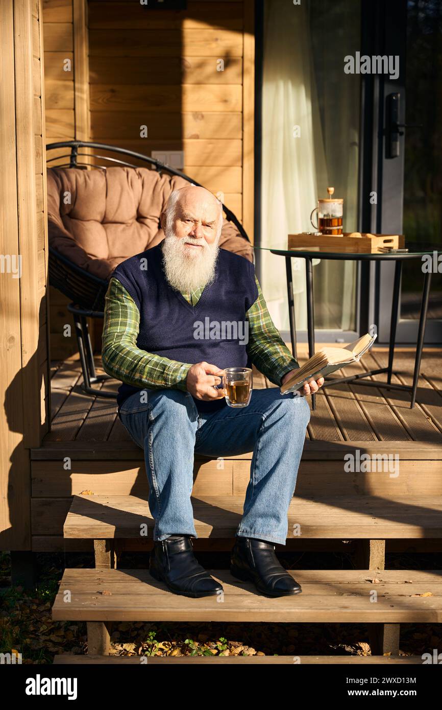 Il vecchio siede con un libro sul portico della casa di campagna Foto Stock