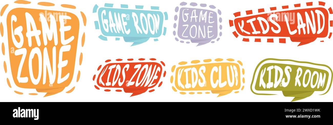 Etichette per feste nella sala giochi, elementi per l'educazione dei bambini e per il club di intrattenimento. Set di illustrazioni vettoriali della zona di gioco del bambino. Badge di intrattenimento per bambini Illustrazione Vettoriale