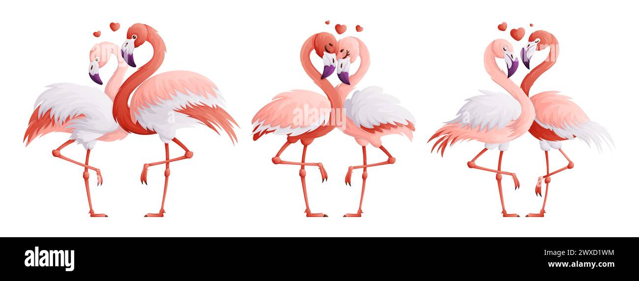 Set di amanti del fenicottero rosa. Un paio della famiglia flamingo, simbolo di amore e devozione l'uno all'altro. Stile cartoni animati, illustrazione vettoriale. Illustrazione Vettoriale