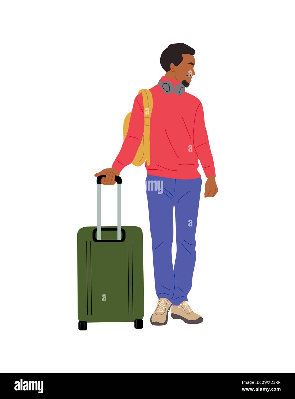 Uomo nero turista in piedi con Suitcase isolata. Illustrazione Vettoriale