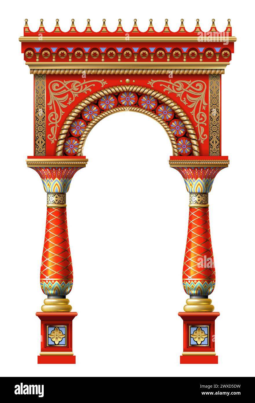 Favolosa facciata ad arco antico ad est o in antico stile russo con oro, mosaico, smalto bianco. Grafica vettoriale Illustrazione Vettoriale