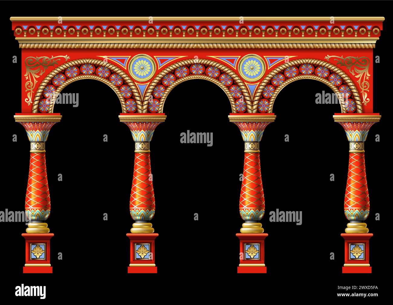 Favolosa facciata ad arco antico ad est o in antico stile russo con oro, mosaico, smalto bianco. Grafica vettoriale Illustrazione Vettoriale