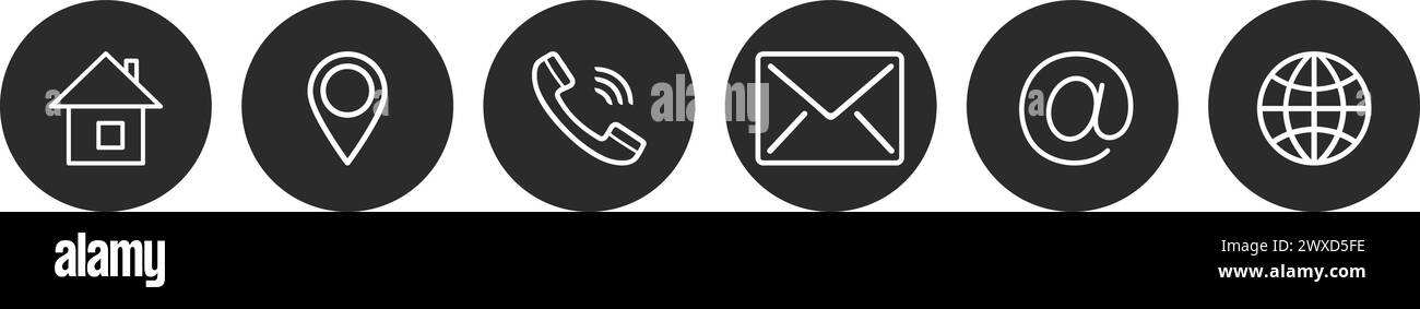 Icona piatta del programma di riunioni aziendali o self-meeting come build, pin di posizione, telefono, busta, @ e simboli di pagina Web Illustrazione Vettoriale