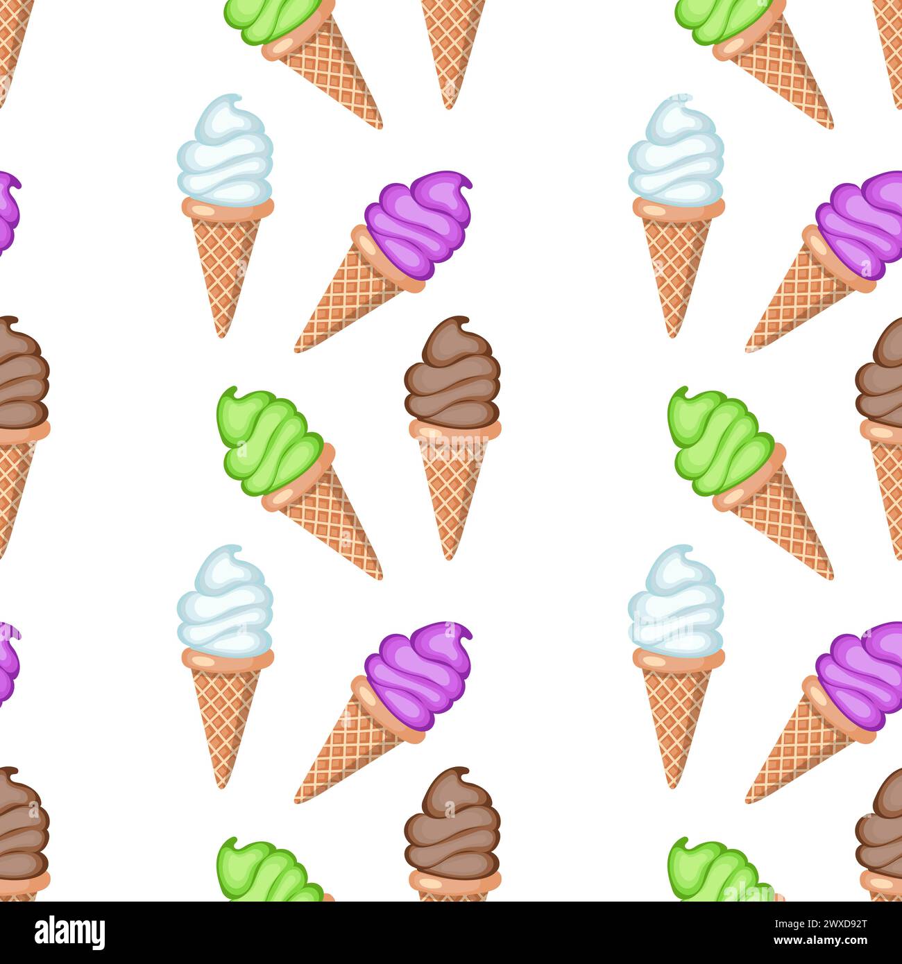 Gelato alla frutta multicolore in coni per waffle. Motivo senza cuciture. Illustrazione vettoriale. Illustrazione Vettoriale