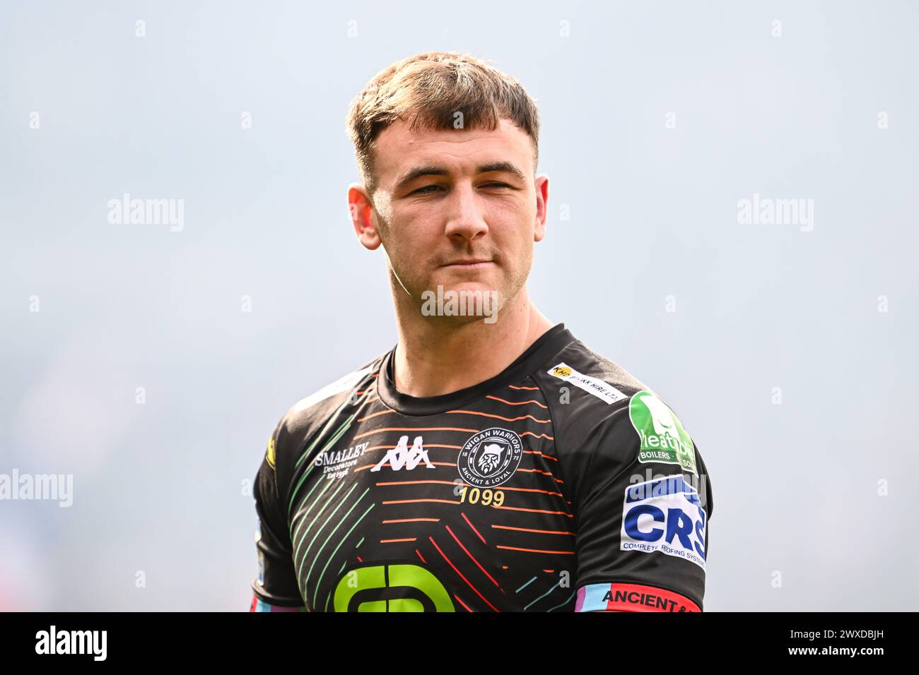 Alex Smith di Wigan Warriors durante il riscaldamento pre-partita in vista del 6° turno di Betfred Super League St Helens vs Wigan Warriors al Totally Wicked Stadium, St Helens, Regno Unito, 29 marzo 2024 (foto di Craig Thomas/News Images) Foto Stock