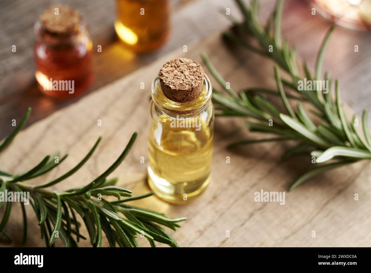Una bottiglia trasparente di olio essenziale per aromaterapia con foglie di rosmarino fresco Foto Stock