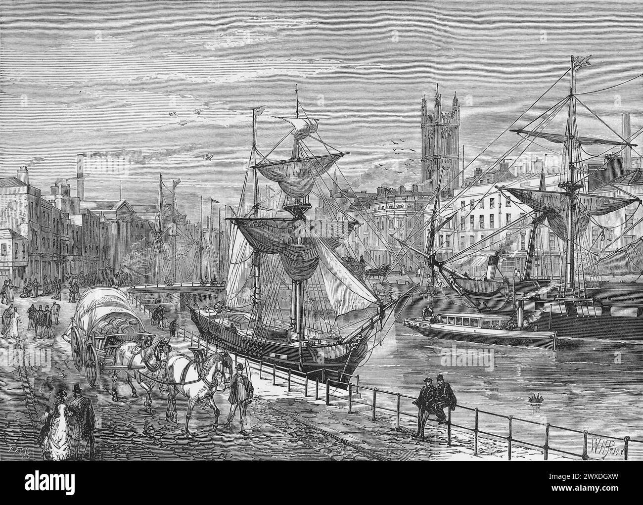 Bristol da St Augustine's Quay; Black and White Illustration from the 'Our Own Country' pubblicato da Cassell, Petter, Galpin & Co. Fine del XIX secolo. Foto Stock