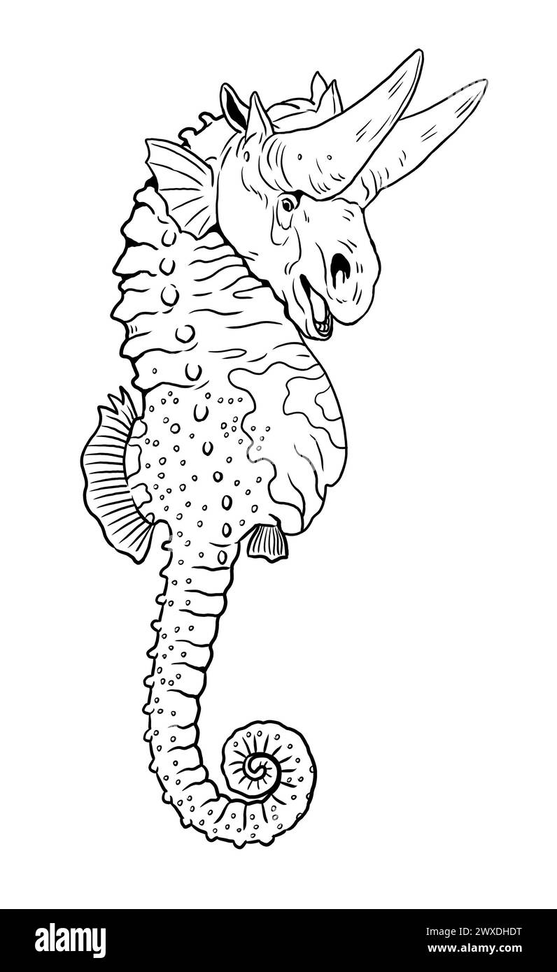 Pagina da colorare con i mutanti animali: Un cavalluccio marino con la testa di un animale preistorico. Libro da colorare con creature fantasiose. Foto Stock