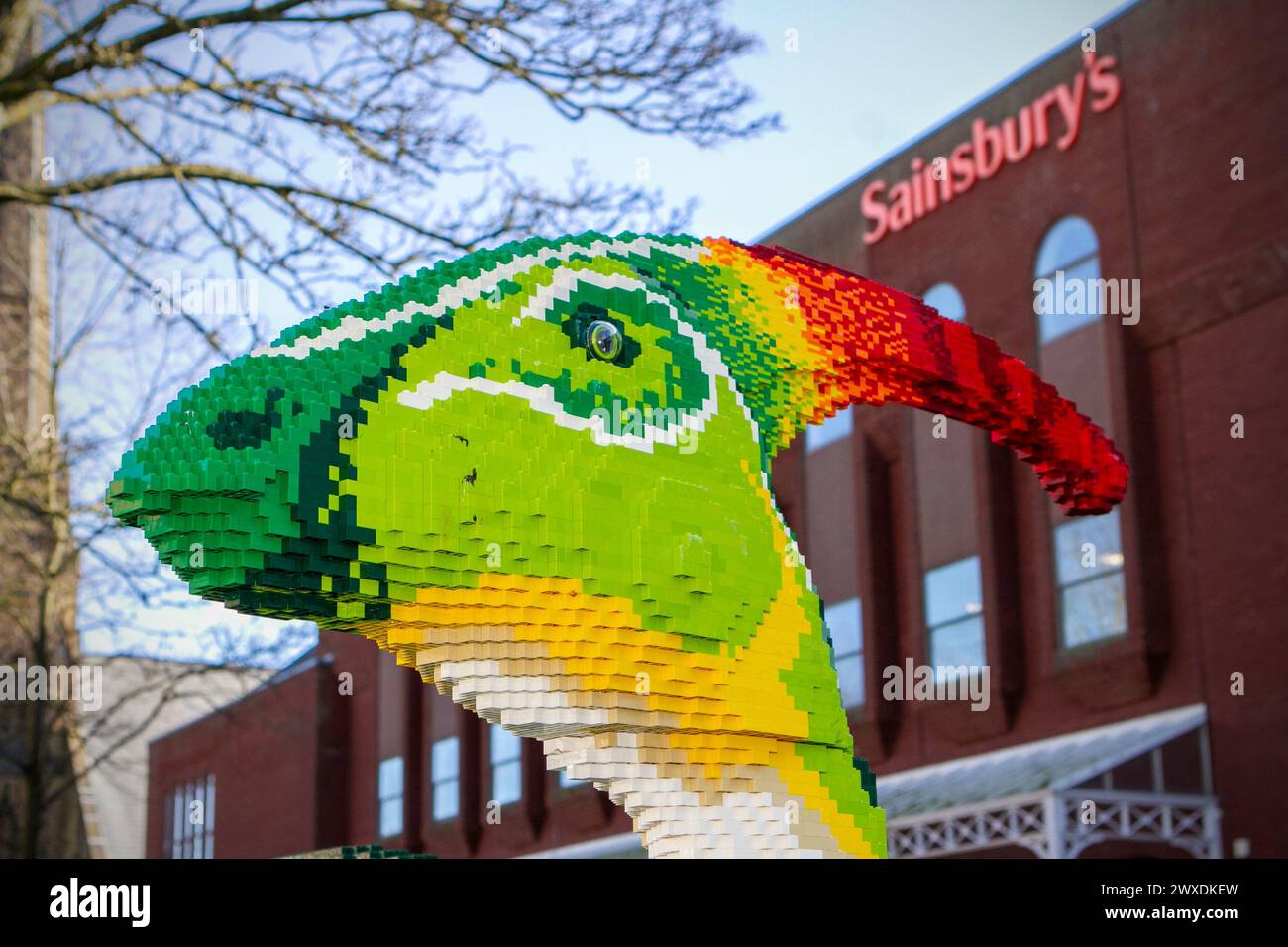 Southport, Merseyside, 03.30.2024 Southport Town Centre si trasforma in Dinotown! La mostra BRICKOSAURS presenta quindici dinosauri costruiti in mattoni, realizzati utilizzando oltre 550.000 mattoni giocattolo. Colossali Velociraptor, un Ankylosauro dalla coda da club e un maestoso Pteranodon. Crediti: Cernan Elias/Alamy Live News Foto Stock