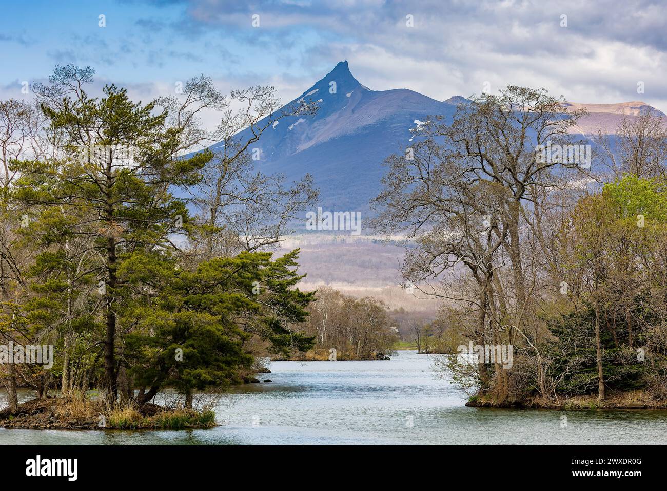 Vulcano attivo Monte Komagatake e Lago Onuma a Hokkaido, Giappone Foto Stock