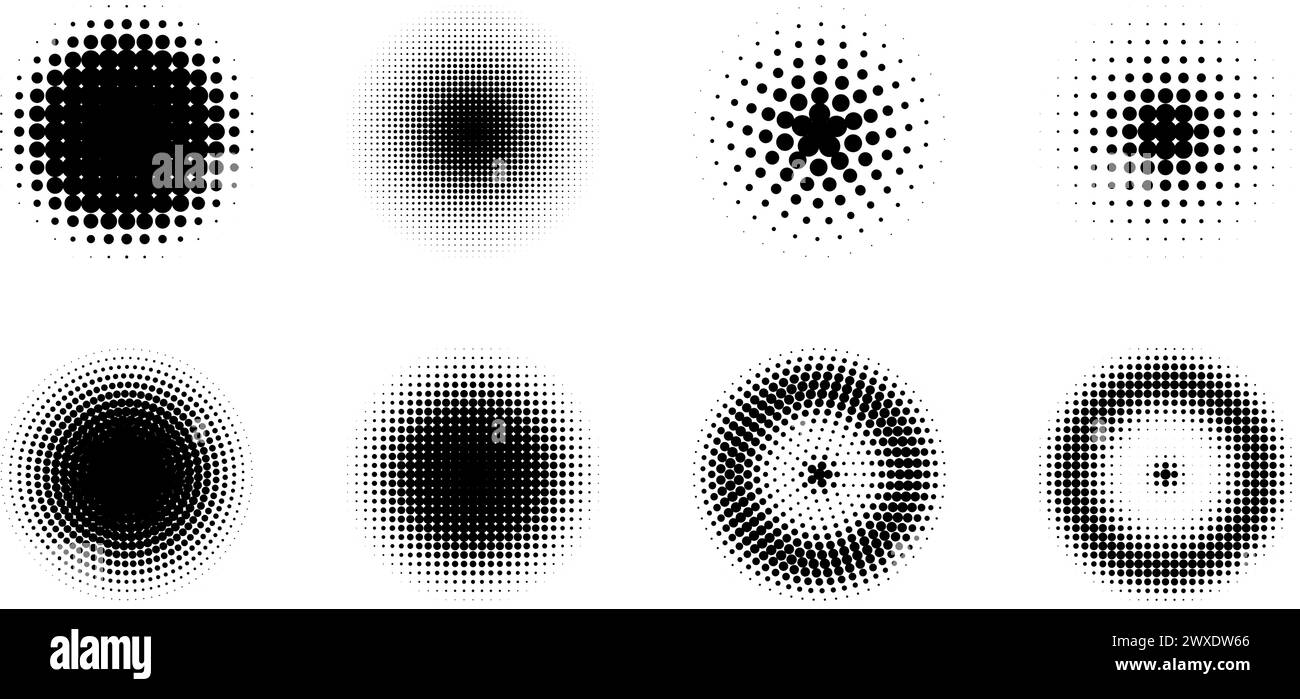 Elemento di design del logo. Set di cornici tratteggiate circolari mezzitoni. Illustrazione vettoriale Illustrazione Vettoriale