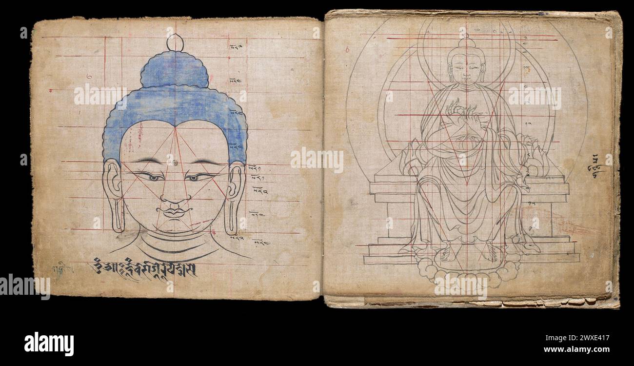 Due pagine del libro tibetano delle proporzioni, un manoscritto del XVIII secolo composto da 36 disegni a inchiostro che mostrano precise linee iconometriche per raffigurare le figure di Buddha e Bodhisattva. Scritto in scrittura Newari con numeri tibetani, il libro è stato apparentemente prodotto in Nepal per l'uso in Tibet. Il concetto di "immagine ideale" del Buddha emerse durante l'età d'oro del dominio di Gupta, dal IV al vi secolo. Oltre alle proporzioni, altri aspetti della rappresentazione - come il numero di denti, il colore degli occhi, la direzione dei peli - sono diventati molto importanti Foto Stock