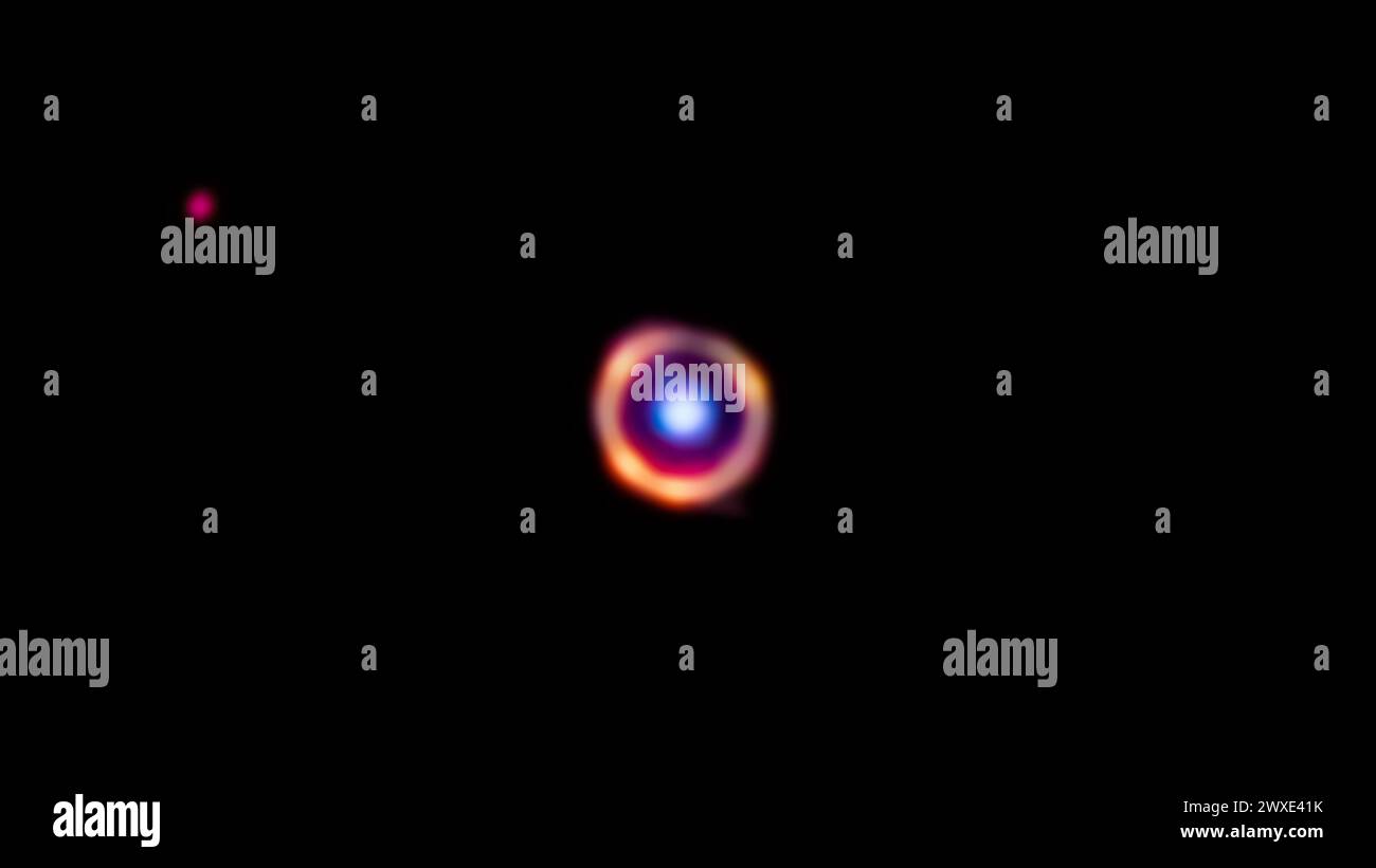 Webb Telescope rileva le molecole organiche più lontane dell'Universo: Molecole organiche complesse simili al fumo o allo smog in una galassia a più di 12 miliardi di anni luce dalla Terra. Questo stabilisce un nuovo record per il rilevamento più distante di queste molecole grandi e complesse. C'è una galassia in primo piano vista come un grande punto blu brillante al centro del fotogramma. È circondato da un anello arancione destinato a evidenziare la scoperta di molecole organiche. Vicino alla parte superiore sinistra dell'immagine, è presente anche una galassia di sfondo lontana rappresentata come un piccolo punto rosso. Credito obbligatorio: NASA, ESA, CSACSA Foto Stock