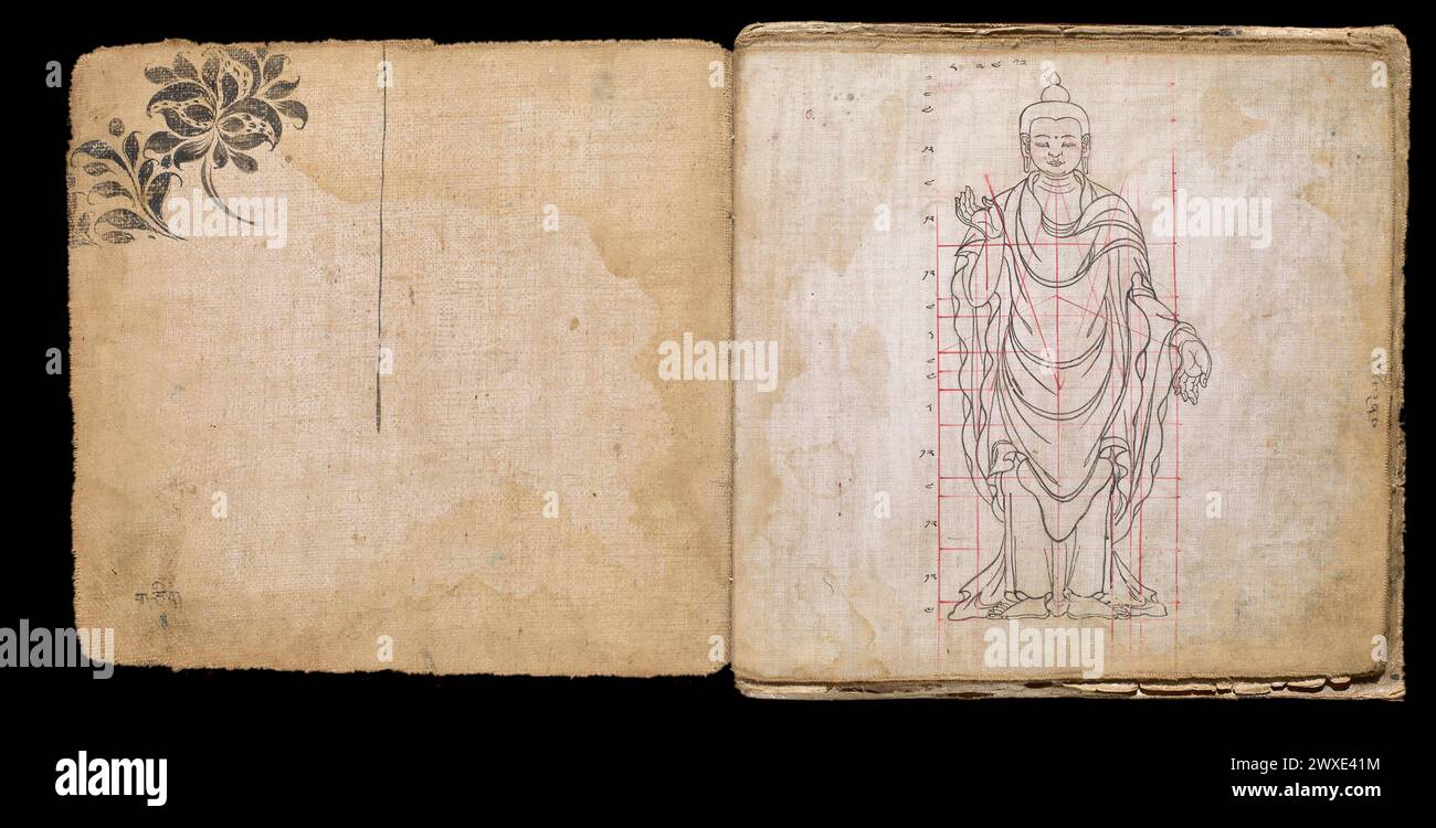 Due pagine del libro tibetano delle proporzioni, un manoscritto del XVIII secolo composto da 36 disegni a inchiostro che mostrano precise linee iconometriche per raffigurare le figure di Buddha e Bodhisattva. Scritto in scrittura Newari con numeri tibetani, il libro è stato apparentemente prodotto in Nepal per l'uso in Tibet. Il concetto di "immagine ideale" del Buddha emerse durante l'età d'oro del dominio di Gupta, dal IV al vi secolo. Oltre alle proporzioni, altri aspetti della rappresentazione - come il numero di denti, il colore degli occhi, la direzione dei peli - sono diventati molto importanti Foto Stock