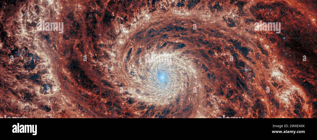 I bracci serpeggianti della galassia a spirale M51 si estendono su questa immagine dal James Webb Space Telescope. Questo ritratto galattico è stato catturato dallo strumento a infrarossi medio di Webb. In questa immagine la luce stellare rielaborata da grani di polvere e molecole nel mezzo della galassia illuminano un drammatico mezzo filamentario. Cavità vuote e filamenti luminosi si alternano e danno l'impressione di increspature che si propagano dai bracci a spirale. Le regioni compatte gialle indicano gli ammassi stellari appena formati nella galassia. M51 Ñ noto anche come NGC 5194 nella costellazione dei cani venatici. CREDITI: NASA/ESA/CSA Foto Stock