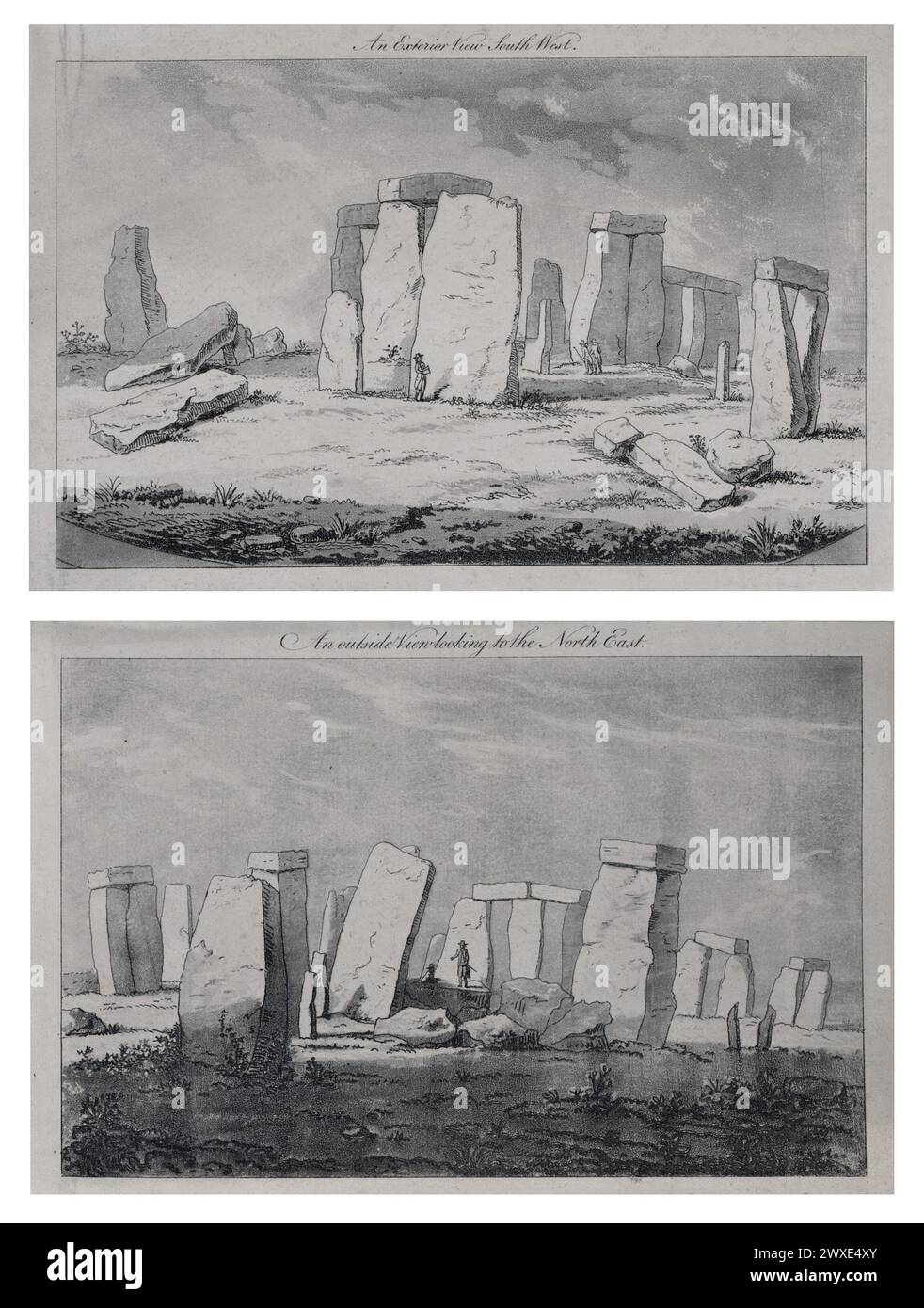 Una disposizione di due stampe litografiche del XIX secolo di Stonehenge. Stonehenge è un monumento preistorico situato a Salisbury Plain nel Wiltshire, in Inghilterra, a due miglia ad ovest di Amesbury. È costituito da un anello esterno di pietre verticali di sarsen, ciascuna alta circa 13 piedi, larga 7 piedi, e del peso di circa 25 tonnellate, sormontato da pietre orizzontali di architrave Foto Stock