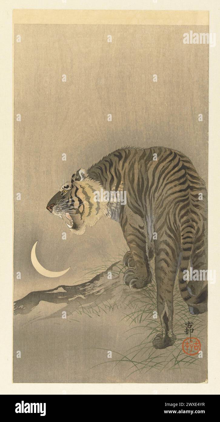 Tiger and Crescent Moon di Ohara Koson editore: Matsuki Heikichi, stampatore: Japan Tokyo. Carta, a colori, tagliata in legno. Ohara Koson è stato un pittore giapponese e disegnatore di stampe in legno tra la fine del XIX e l'inizio del XX secolo, all'avanguardia nei movimenti artistici shinsaku-hanga e shin-hanga. Ohara Koson era famoso come maestro dei disegni kach?-e. Foto Stock