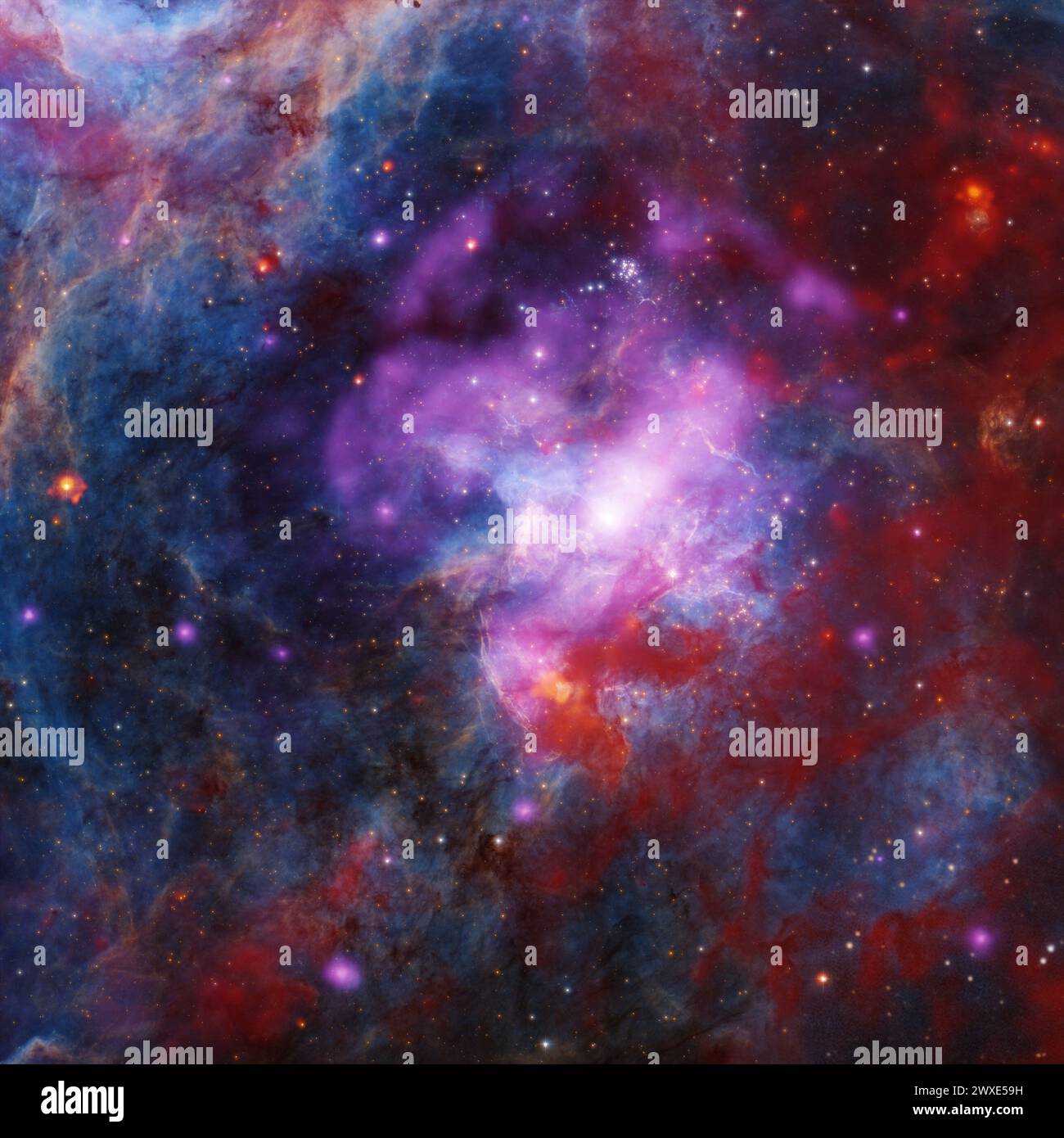 Questo profondo insieme di dati di Chandra dei resti di una supernova nota come 30 Doradus B (30 Dor B) rivela la prova di più di un'esplosione di supernova nella storia di questo residuo. Strutture insolite nei dati di Chandra non possono essere spiegate da una singola esplosione. Queste immagini di 30 Dor B mostrano anche i dati ottici del telescopio Blanco in Cile e i dati a infrarossi di Spitzer. I dati aggiuntivi di Hubble evidenziano le caratteristiche nitide dell'immagine. SOLO PER USO EDITORIALE. Crediti immagine: NASA/CXC/Penn State University/L. Townsley et al. STScI/HST: JPL/Caltech/SST/CXC/SAO/ J.Schmidt, N.Wolk, K.Arcand Foto Stock