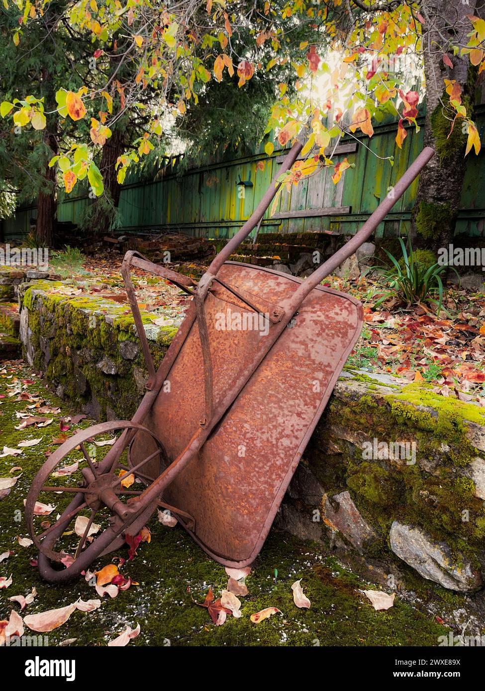Una carriola metallica arrugginita appoggiata contro un muro di pietra Foto Stock