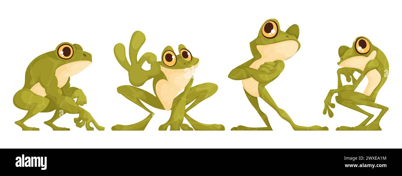 Set di quattro rospi divertenti in pose diverse. Rospo verde di interessante forma a cartoni animati, in posa. Cartone animato vettoriale. Illustrazione Vettoriale