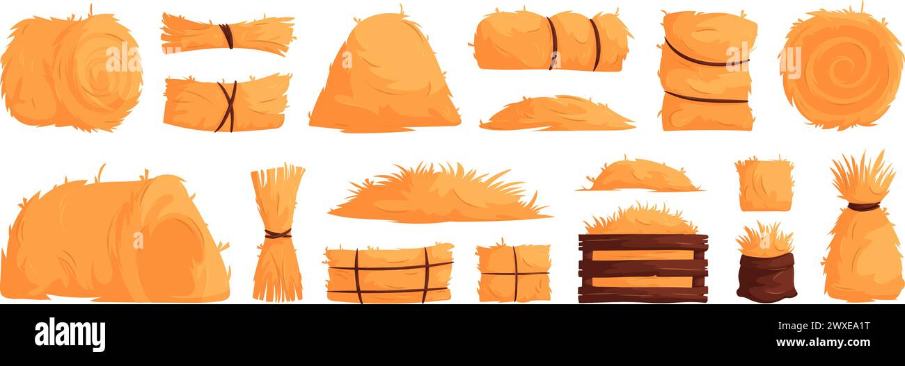Set di balle di fieno, pali, cumuli e pile. Paglia in rotoli, quadrati, sacchetti. Erba secca, fasci di mangimi agricoli. Illustrazione vettoriale cartoni di fieno. Illustrazione Vettoriale