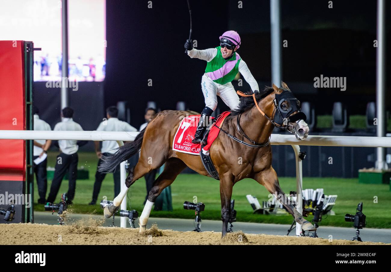 Meydan Racecourse, Emirati Arabi Uniti. Sabato 30 marzo 2024. Laurel River e il fantino Tadhg o'Shea vincono il rinnovo 2024 della Coppa del mondo di Dubai del gruppo 1 sponsorizzata da Emirates Airlines per l'allenatore Bhupat Seemar e il proprietario Juddmonte Farms, Inc Crediti JTW equine Images / Alamy. Foto Stock