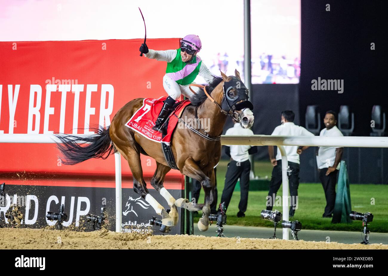 Meydan Racecourse, Emirati Arabi Uniti. Sabato 30 marzo 2024. Laurel River e il fantino Tadhg o'Shea vincono il rinnovo 2024 della Coppa del mondo di Dubai del gruppo 1 sponsorizzata da Emirates Airlines per l'allenatore Bhupat Seemar e il proprietario Juddmonte Farms, Inc Crediti JTW equine Images / Alamy. Foto Stock