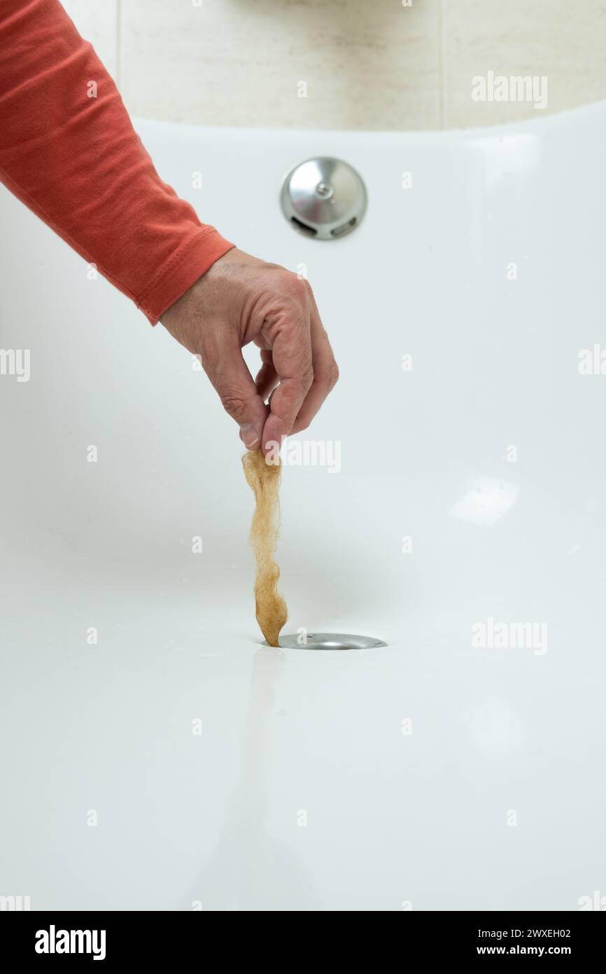 dettaglio della mano di un uomo che indossa una maglietta rossa, tira una ciocca di capelli dallo scarico di una vasca da bagno bianca. vista frontale. dopo aver lavato il suo cane. Perdita di capelli Foto Stock