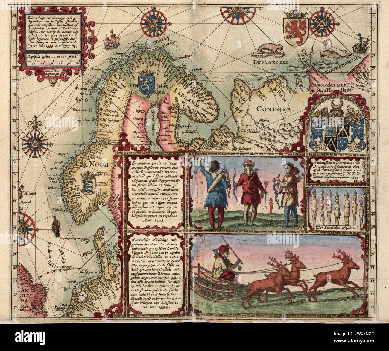 La mappa nordica di Linschoten, 1601. Mappa pittorica d'epoca della Norvegia e della regione dell'Oceano Artico. Mappa stampata e colorata a mano nel diario di viaggio Voyage di Linschoten, spesso Schip-Vaert, che si occupa delle spedizioni di Willem Barent nelle regioni settentrionali. Foto Stock