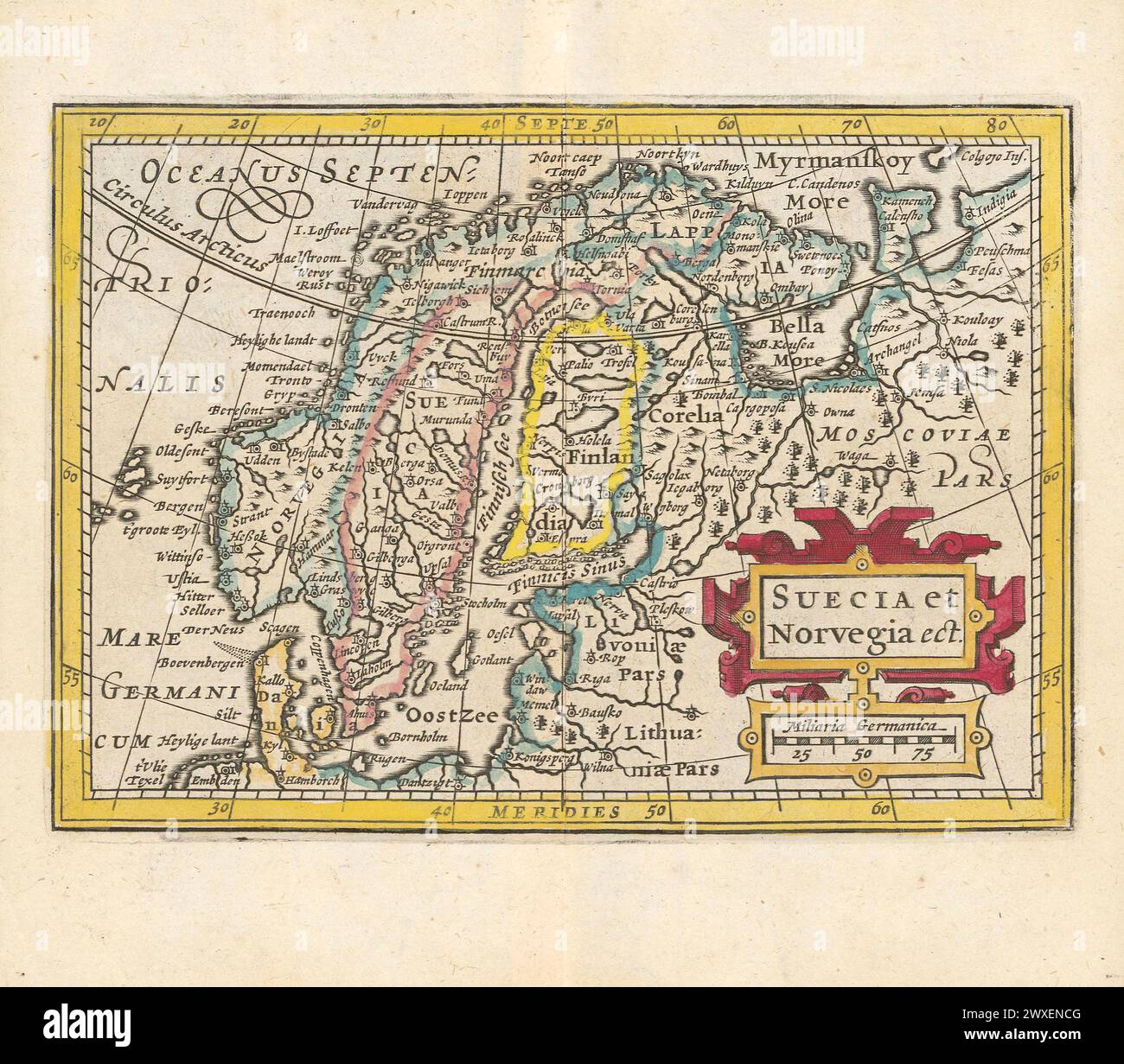 Mappa di Svezia e Norvegia. Joan Blaeu. 1637 rilievo mostrato con profili montani Scala grafica: Foto Stock