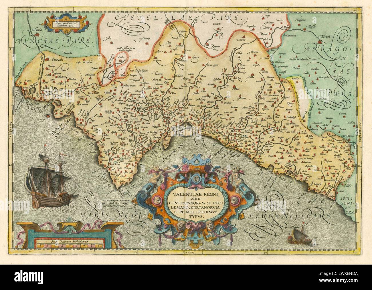 Mappa del Regno di Valencia, di Abraham Ortelius intorno al 1600 Foto Stock