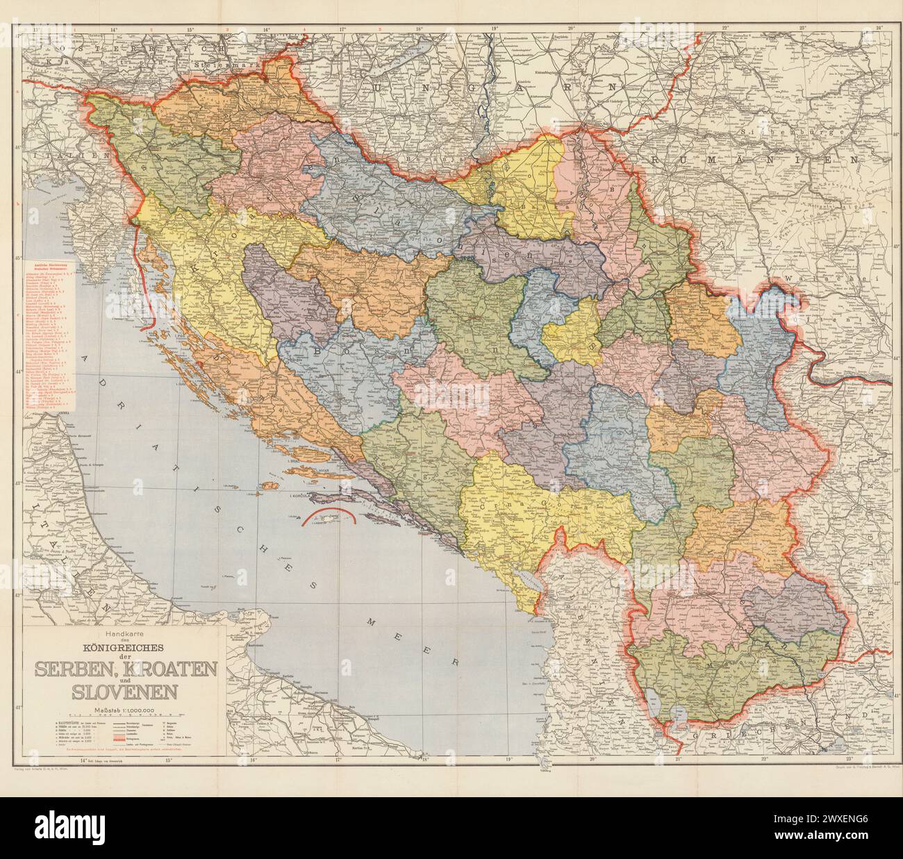 1918 mappa del Regno di serbi, croati e sloveni (dal 1929 il Regno di Jugoslavia), diviso in contee. Foto Stock