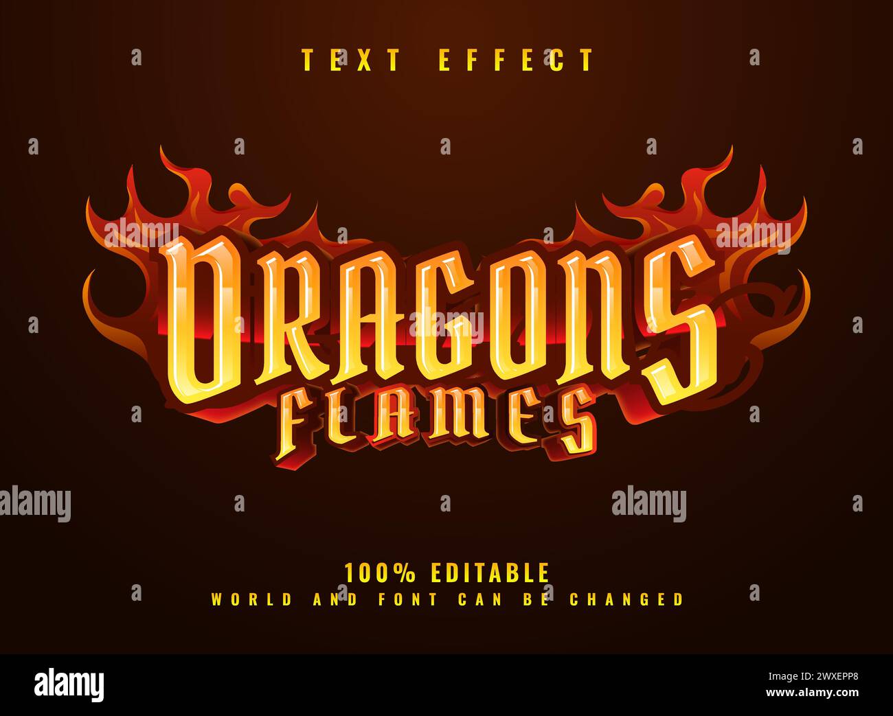 fantasia magico drago dorato 3d fiamme alfabeto testuale con fiamme ardenti Illustrazione Vettoriale