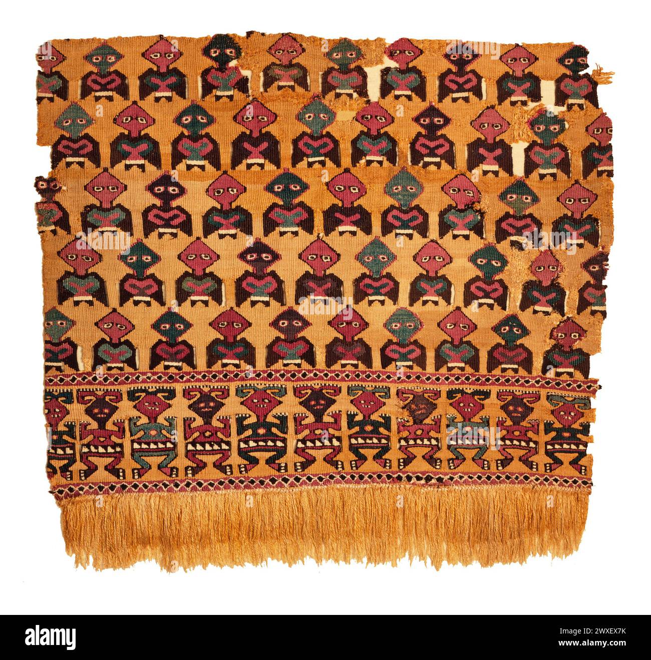 Frammento di Loincloth. Perù, costa centrale, Chancay, 1000-1470. Fibra camelide e cotone, arazzi a fessura con trama eccentrica e frangia applicata. 42,5 x 45,7 cm compresa la frangia Foto Stock