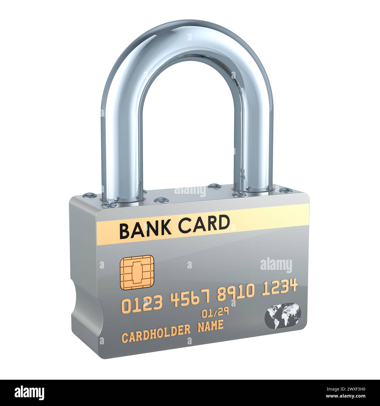 Carta di credito come lucchetto, concetto di sicurezza e sicurezza. Rendering 3D isolato su sfondo bianco Foto Stock