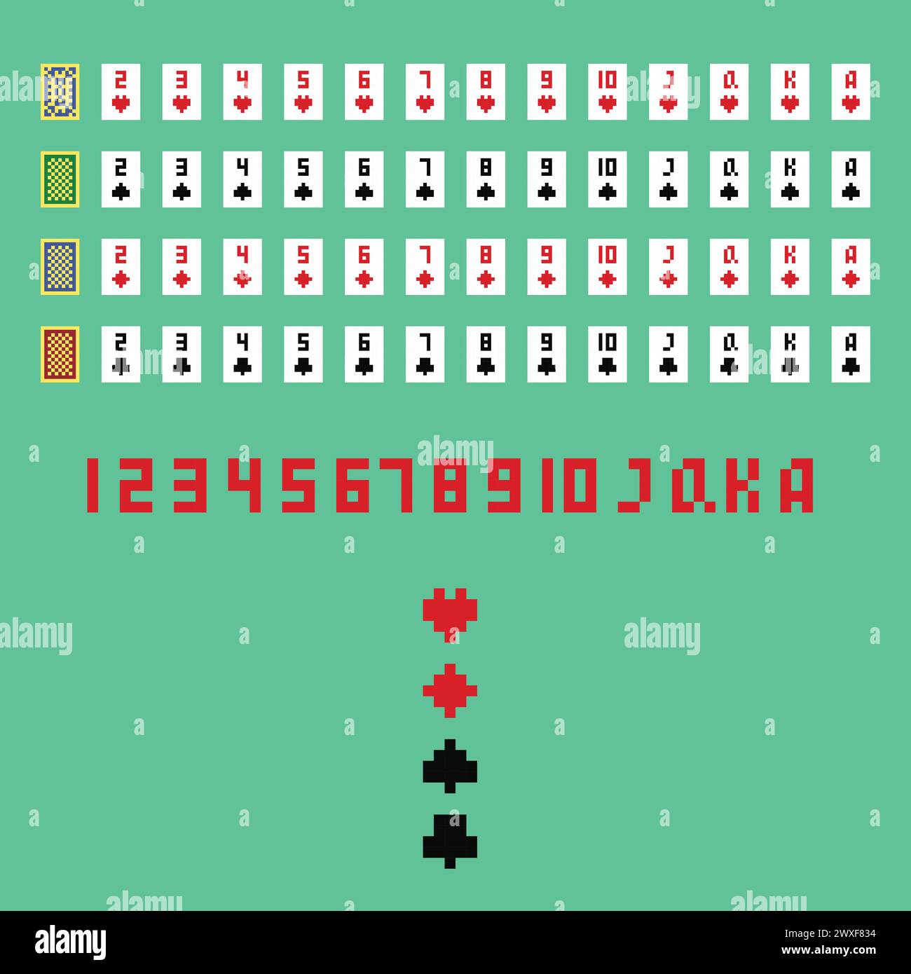 Illustrazione grafica vettoriale dei pixel, risorse per lo sviluppo di giochi di carte: Club, cuori, picche, icone di carte diamanti, schienali delle carte. sviluppo di giochi con pixel art isolati Illustrazione Vettoriale