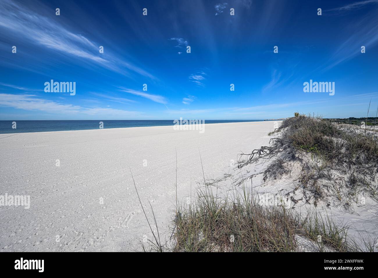 "La tela della natura: St. L'Andrews State Park rivela la sua bellezza incontaminata con acque blu smeraldo che incontrano sabbia bianca sotto un cielo azzurro, un'area perfetta Foto Stock