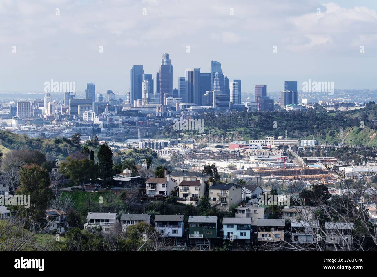 Vista delle case sulle colline di Los Angeles e delle torri dello skyline nel sud della California. Foto Stock