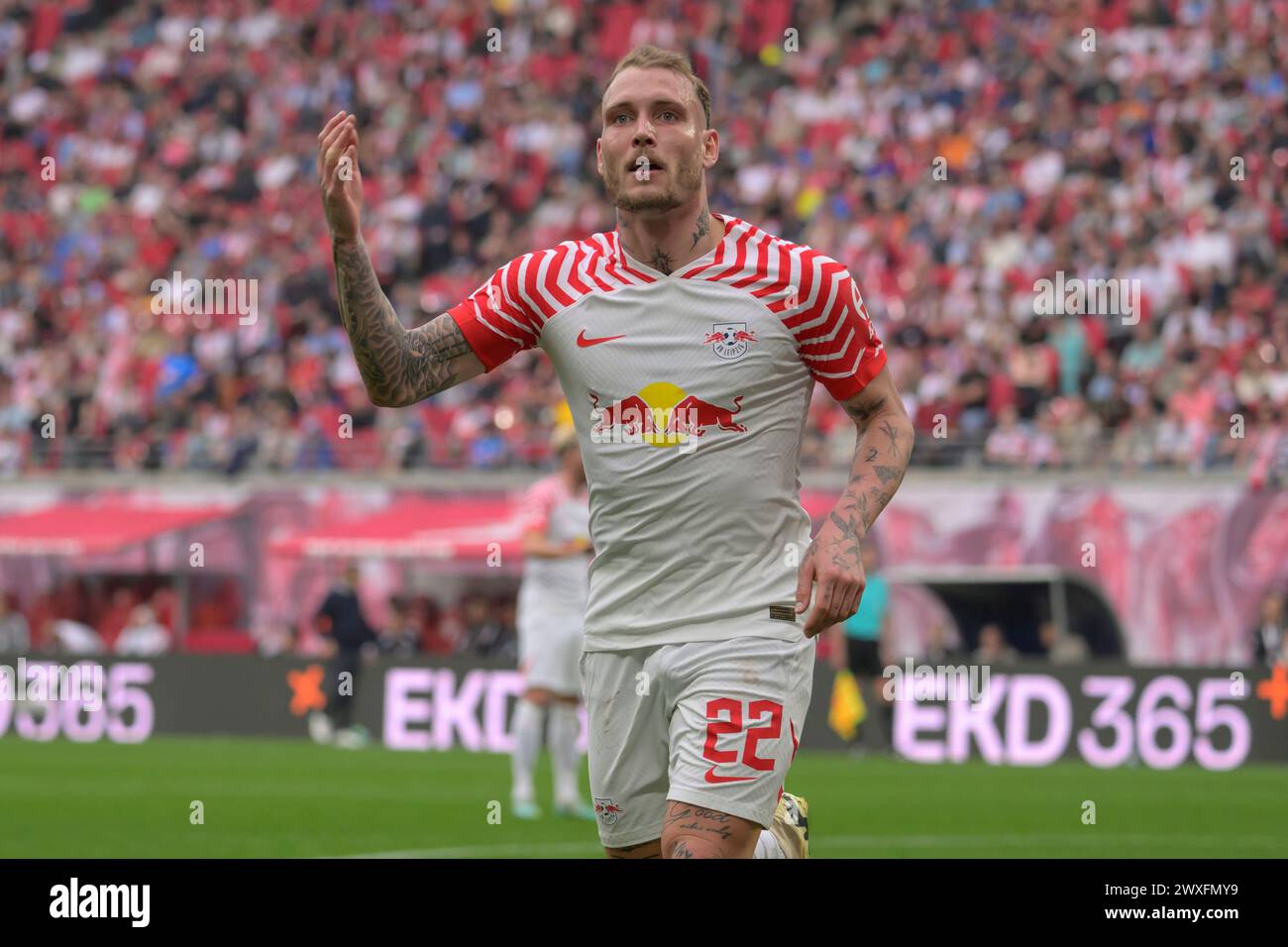 Lipsia, Germania. 30 marzo 2024. David Raum (RasenBallsport Leipzig, #22), RB Leipzig vs Mainz 05, 1a Bundesliga, calcio, DFB, Bundesliga, stagione 2023/2024, red bull arena di lipsia, 30.03. 2024, credito: HMB Media/Uwe Koch/Alamy Live News , Foto Stock